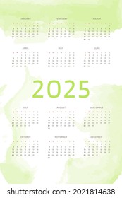 2025 calendar template on Chartreuse green background with hand-drawn watercolor brush strokes. Vertical calendar design for print and digital. Week starts on Sunday