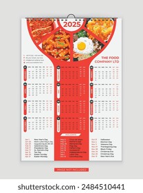 2025 calendar template, One Page food Wall Calendar Design With Holiday. Calendar Design, 2025 calendar, Wall Calender