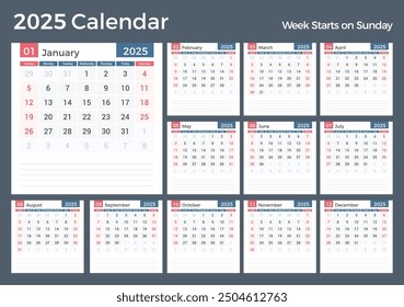 2025 Calendar template, planner, 12 pages, week starts on Sunday, vector eps10 illustration