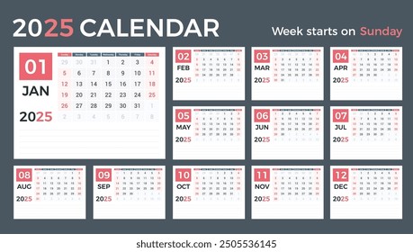 2025 Calendar template, planner, 12 pages, week starts on Sunday, vector eps10 illustration