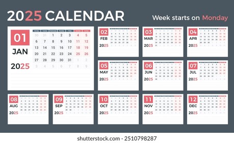 2025 Calendario Plantilla, planificador, 12 páginas, la semana comienza el lunes, Vector eps10 ilustración