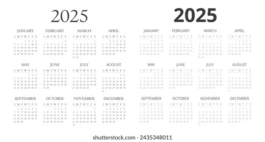 2025 Calendar Template with Serif and Sans Serif text styles. Simple layout vector design. Calendar for the year 2025 tables for 12 months. Modern and elegant design