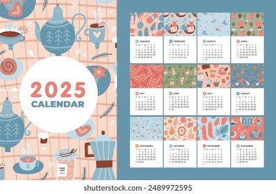 2025 calendar template set with 12 months pages and cover. Paper sheets with colorful cozy seasons elements patterns in flat hand drawn style. Week starts on Sunday. Vector