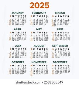 2025 calendar template vector illustration