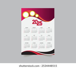 Plantilla del calendario 2025, diseño abstracto de la Plantilla del diseño del calendario de la pared 2025 para el año nuevo 2025.