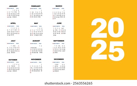  2025 calendar template for wall and desk, single page 2025 calendar, 12 month 2025 calendar for print ready for annual layout