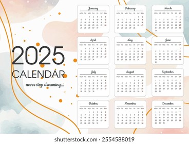 2025 calendar template in watercolor style. Soft pastel colors. Abstract texture. Landscape orientation. Vector illustration.