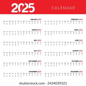 2025, 2025 Calendar template. week start Sunday. Planner diary in a minimalist style. Corporate and business calendar. Organizer. Monthly calendar. Daily planner.