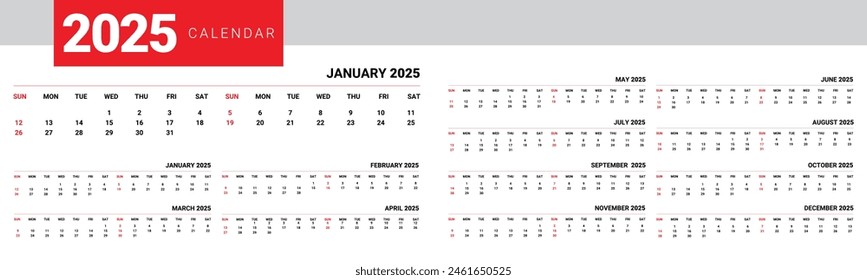 2025, 2025 Calendar template. week Starts Sunday. Planner diary in a minimalist style. Corporate and business calendar. Organizer. Monthly calendar. Daily planner.