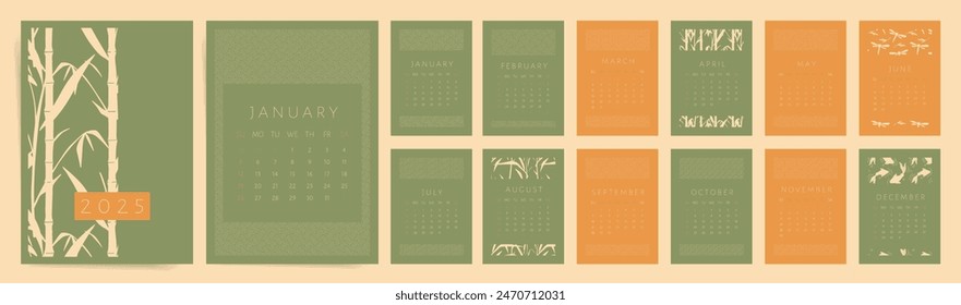 2025 Calendar Template. Week Starts on Sunday. Natural Bamboo and Floral Calendar 2025 Design. Monthly Desk Planner 2025 in Aesthetic Minimal Style. A4 Modern Business Calendar. Green Orange Colors.