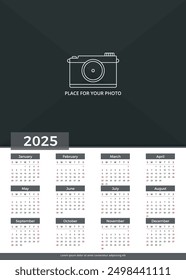 2025 Calendar template, week starts on Sunday, a3 size, place for your photo, vector eps10 illustration