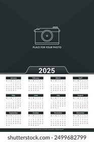 2025 Calendar template, week starts on Monday, a3 size, place for your photo, vector eps10 illustration