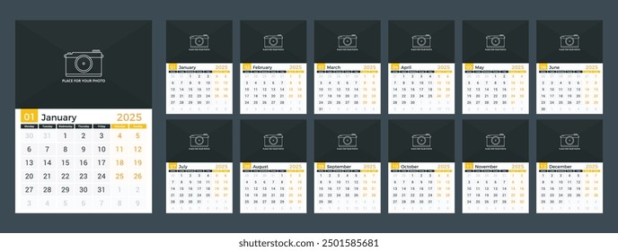 2025 Calendar template, week starts on Monday, a3 size, place for your photo, vector eps10 illustration