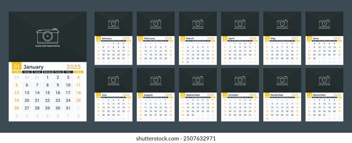 2025 Calendar template, week starts on Sunday, a3 size, place for your photo, vector eps10 illustration