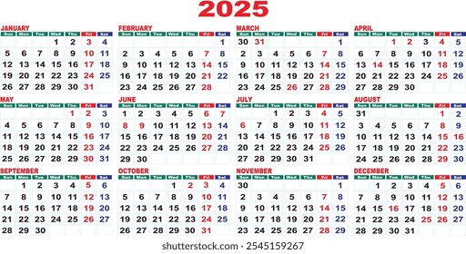 Kalendervorlage 2025 mit hervorgehobenen Wochentagen und Feiertagen