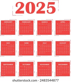 2025 Calendar Template.  Yearly Planner with all Months