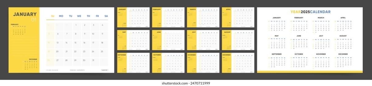 2025 Calendar Template. Yellow Modern Design with Monthly Horizontal Pages. Monthly Planner 2025 for Desk, Wall, or Table. A4 Layout ideal for Office Branding and Corporate Use.	