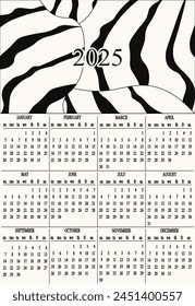 2025 Calendar with trendy Animal Print. Annual 2025 Calender with Zebra background. Grunge vector aesthetic. EPS 10