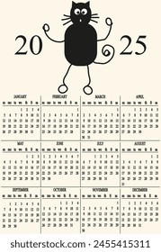2025 Calendar with trendy Doodle crazy black Cat. Template 2025 Calender in modern Minimalism style. Bold animal art. Grunge vector aesthetic. International cat day. EPS 10