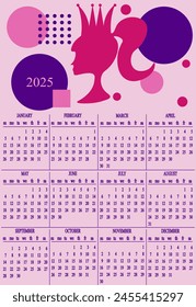 2025 Calendar with trendy pink Doll silhouette on modern Geometrical background. Template 2025 Calender in modern Geometry style. Y2K vector aesthetic. EPS 10