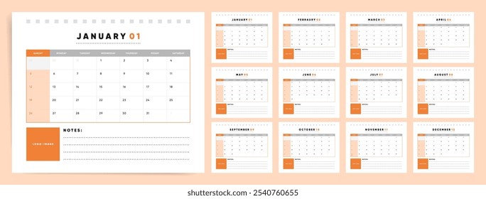 Calendario 2025, Plantilla de Calendario de Vector, Planificador de 12 meses con inicio de domingo para 2025. Orange Oficina y Diseño de Hogar.