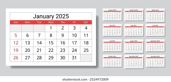 2025 calendar. A vector collection of English monthly page calendars. Design with Sunday start