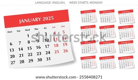 2025 calendar. Vector collection of English monthly paper pages with shadow. Design with Monday start