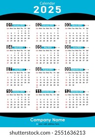 2025 Calendar vector, Calendar date planner 2025 Editable design. Diary planner 2025.