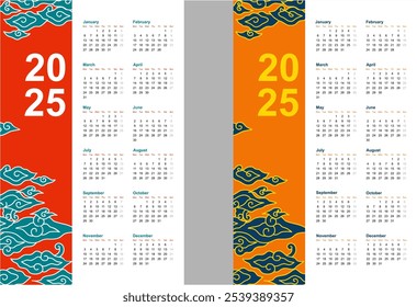 2025 Calendar Vetor Design com fundo quente brilhante Batik MegAmendung pronto para imprimir