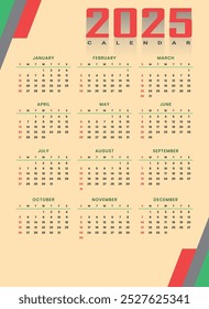 Vector de calendario 2025, ilustración de calendario.