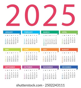 2025 calendar - vector Illustration. Week starts on Sunday