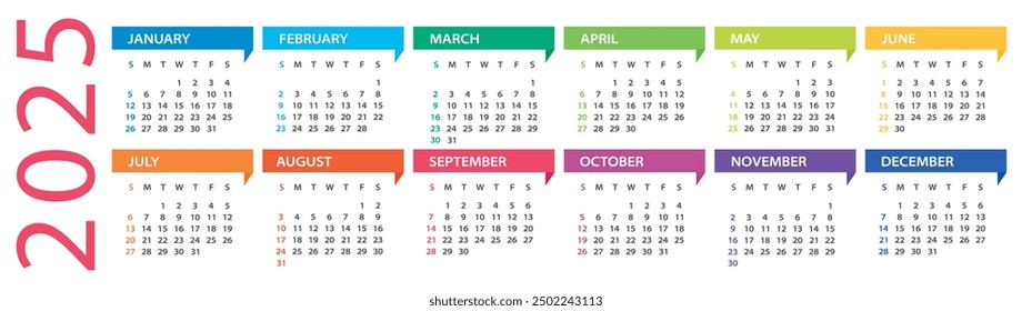 2025 calendar - vector Illustration. Week starts on Sunday