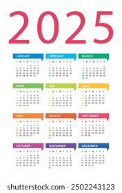 2025 calendar - vector Illustration. Week starts on Sunday