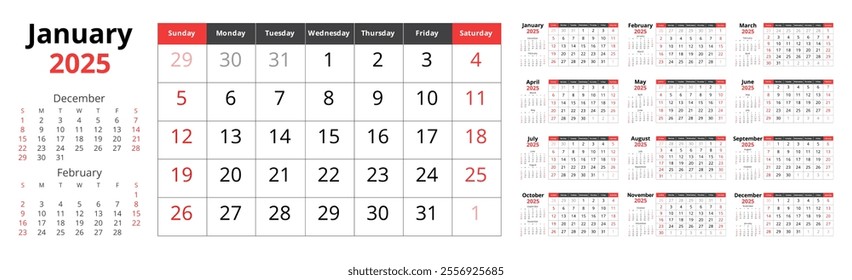 2025 calendar. Vector set of English monthly calendars. Design with Sunday starts