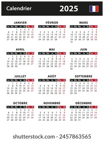 2025 Calendar - vector stock illustration. France, French version | Calendrier 2025 - illustration vectorielle stock. France, version française