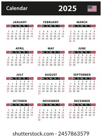 2025 Calendar - vector stock illustration. English American version