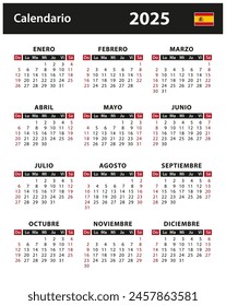 2025 Calendar - vector stock illustration. Spain, Spanish version | Calendario 2025 - ilustración vectorial de stock. España, versión en español