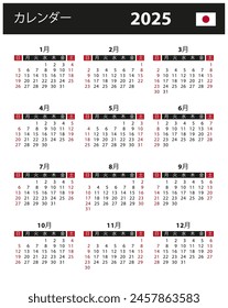 2025 Calendar - vector stock illustration. Japan, Japanese version | 2025年カレンダー-ベクトルストックイラスト。 日本、日本語版