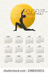 A 2025 calendar in vector with a yoga theme featuring a silhouette doing asana against a yellow sun. Full year view with monthly grids and a decorative geometric modern background pattern.