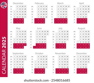 2025 calendar with vertical grid. Vector calendar template.