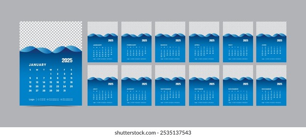 Calendario 2025. diseño de calendario de pared 2025, diseño simple y limpio, calendario de pared para imprimir, calendario digital, Plantilla de planificador de diseño Corporativa.