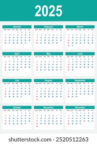 2025 Calendar. Week start on Sunday. calendar 2025 design, simple and clean design, Wall calendar for print, digital calendar, Corporate design planner template vector.