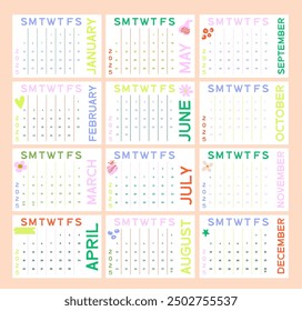 2025 calendar. Week start Sunday corporate design planner template. Editable clean and elegant calendar page template. Place for notes. Editable vector
