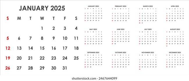 Calendario 2025. La semana comienza el domingo. Vector