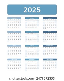 2025 Calendar, week starts on Sunday, vector eps10 illustration