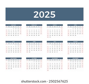 2025 Calendar, week starts on Sunday, vector eps10 illustration
