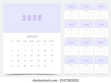 2025 calendar, week starts on sunday, daily planner template in minimalist style and pastel color, vector illustration