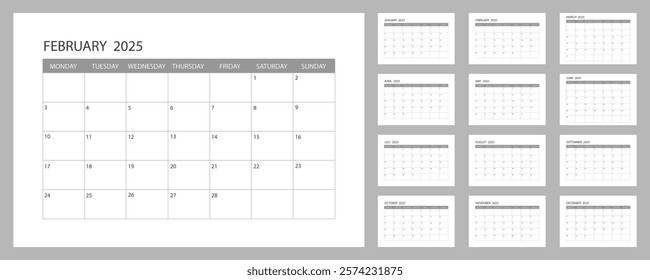 2025 Calendar. The week starts on Monday. Vector