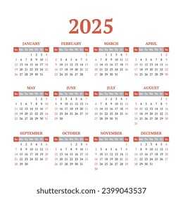 Calendario 2025 con semanas a partir del domingo