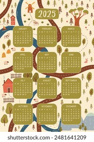 2025 calendar in whimsical hiking style. Drawn fully in vector in bold artistic style it captivates with adventure sceneries. Monthly grids in olive green surrounded by trees, animals.